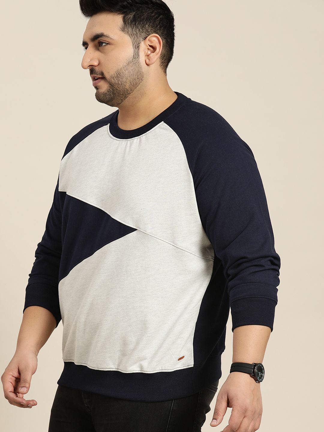  Sztori Men Plus Size Navy Blue & Grey Colourblocked Raglan Sleeves Sweatshirt