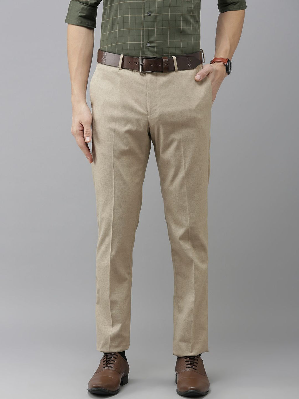  Arrow Men Khaki Solid Mid-Rise Formal Trousers