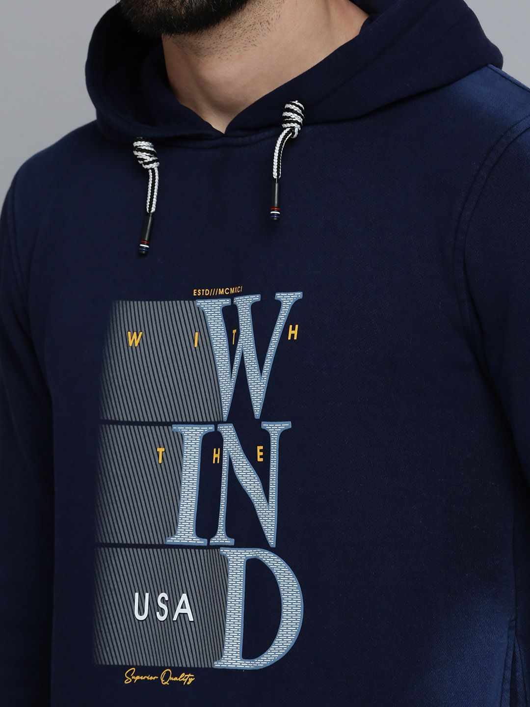  SHOWOFF Men Navy Blue Printed Hooded Cotton Sweatshirt