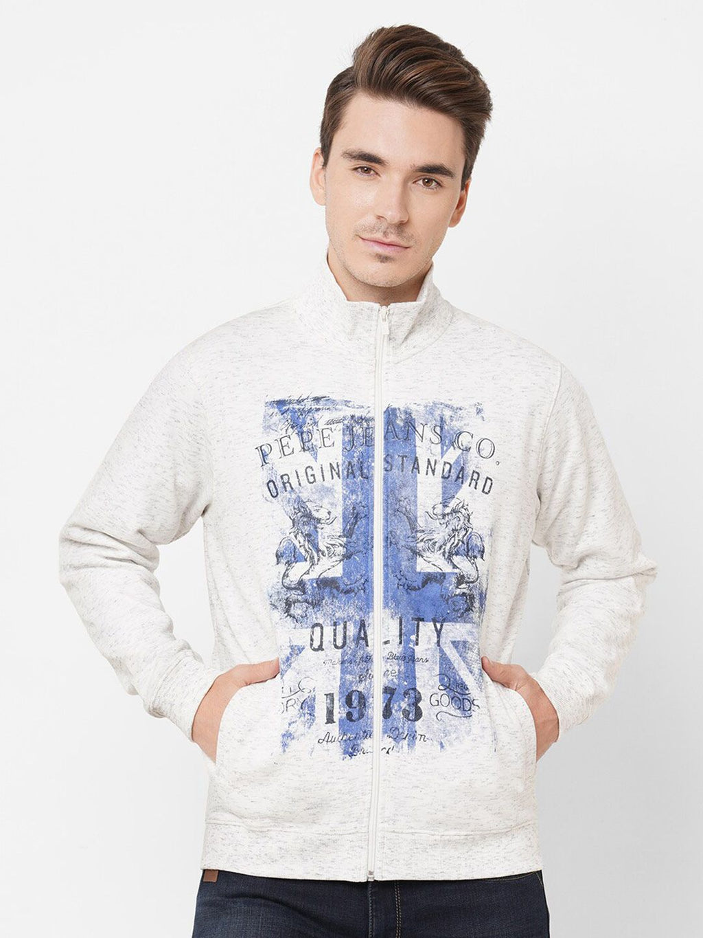  Pepe Jeans Men Grey Printed Zip Through Sweat Shirt