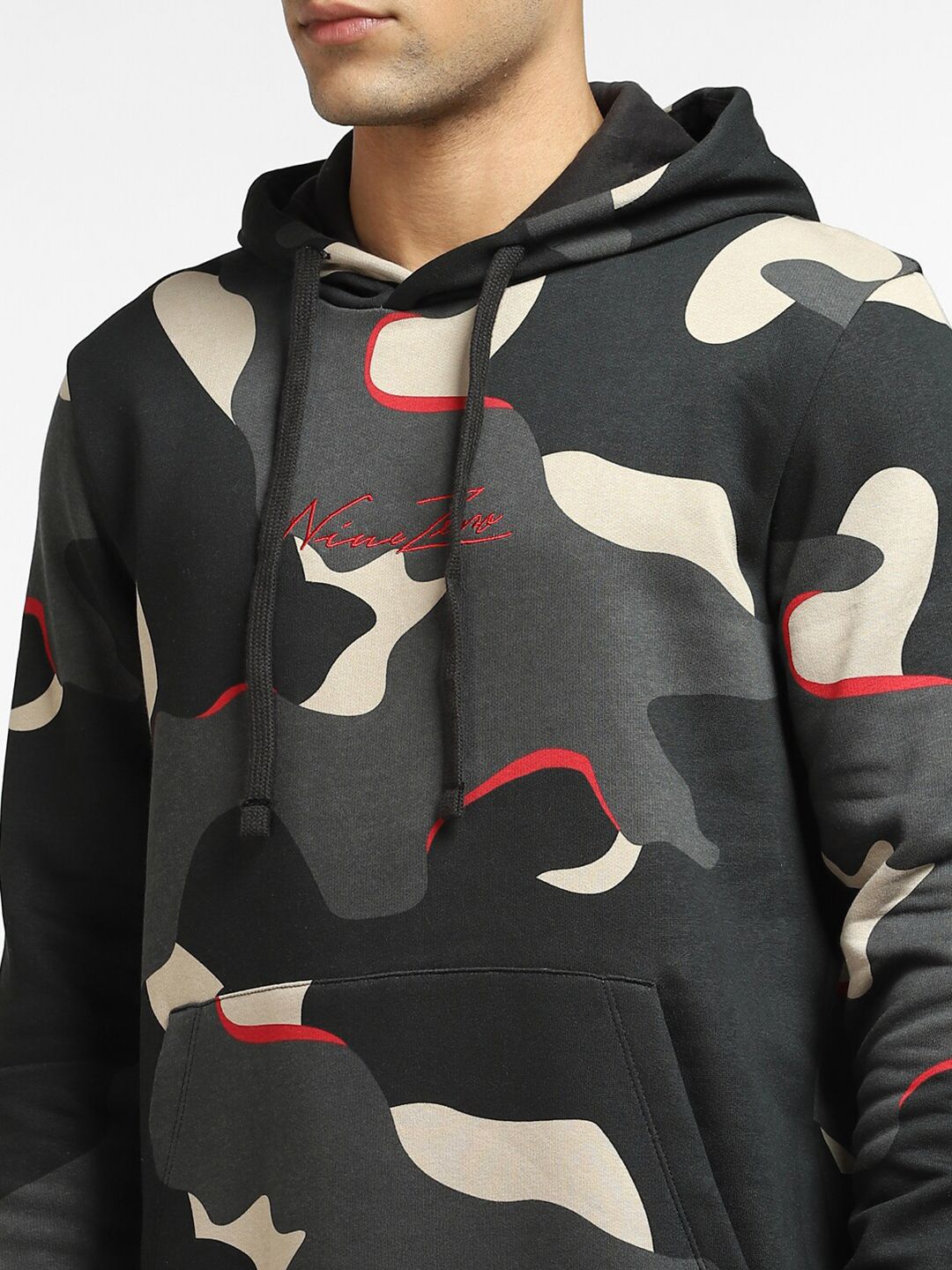  Jack & Jones Men Black & Grey Camouflage Printed Hooded Sweatshirt