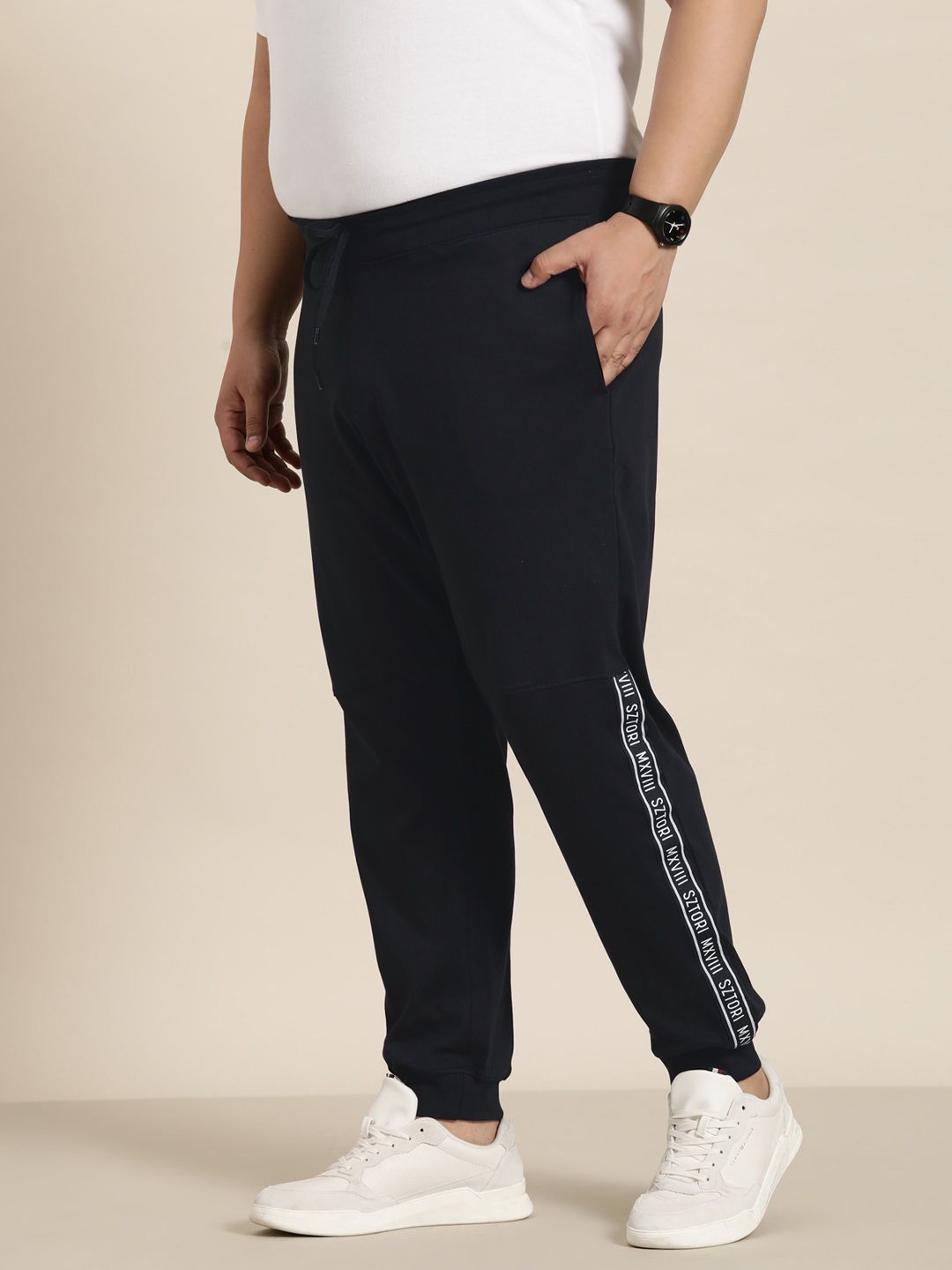  Sztori Men Plus Size Pure Cotton Solid Joggers With Side Taping