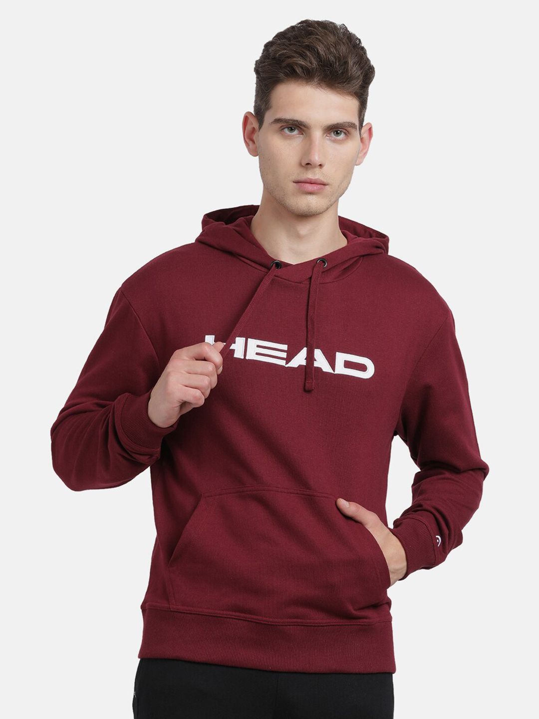  Head Men Maroon Typography Printed Hooded Sweatshirt