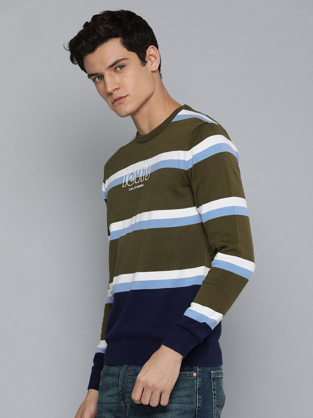  Levis Men Olive Green & Off-White Striped Pure Cotton Pullover Sweatshirt