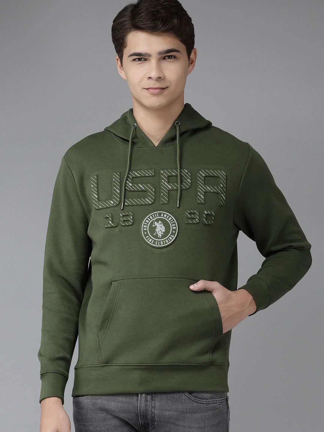  U.S. Polo Assn. Denim Co. Men Green Brand Logo Embossed Hooded Sweatshirt