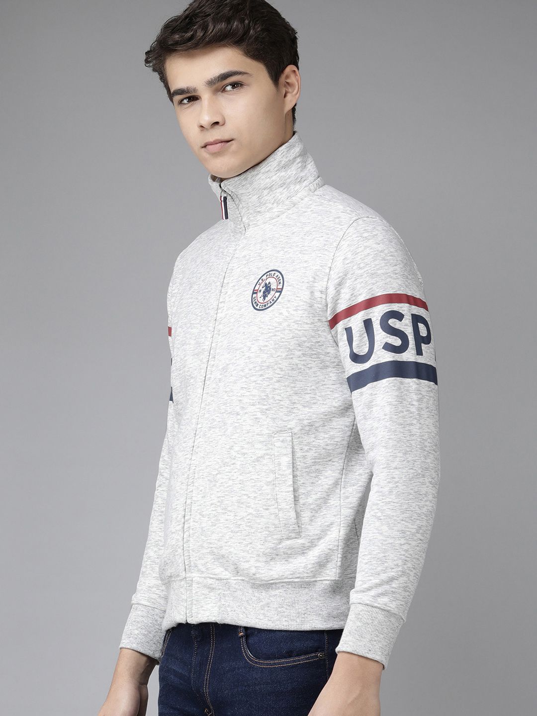  U S Polo Assn Denim Co Men Grey Full Sleeve Front Open High Neck Sweatshirt