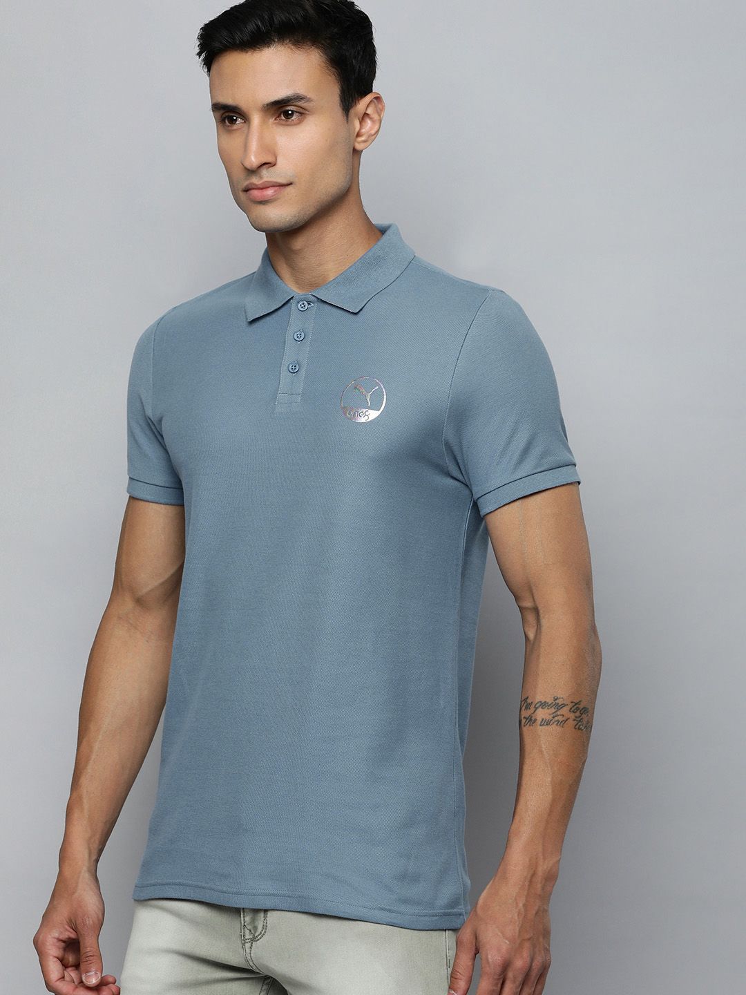  One8 X PUMA Men Slim Fit Cotton Polo Collar Solid Sports T-shirt With Brand Logo Detail