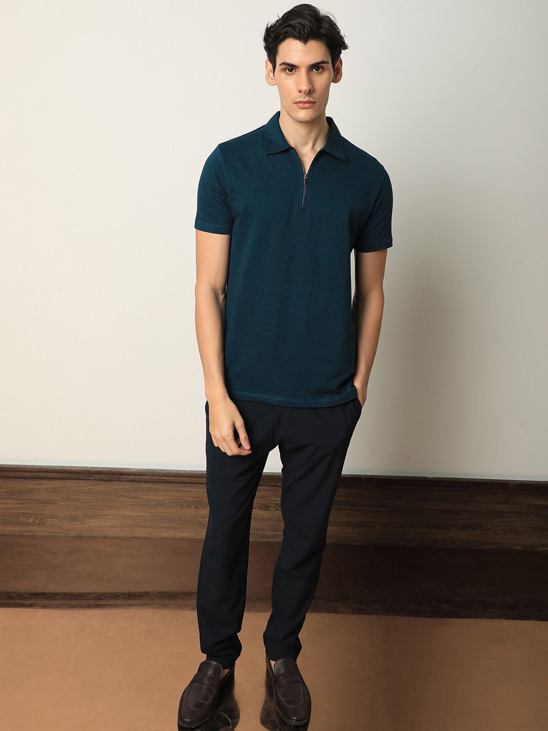  RARE RABBIT Geometric Printed Polo Collar Cotton Slim Fit T-shirt
