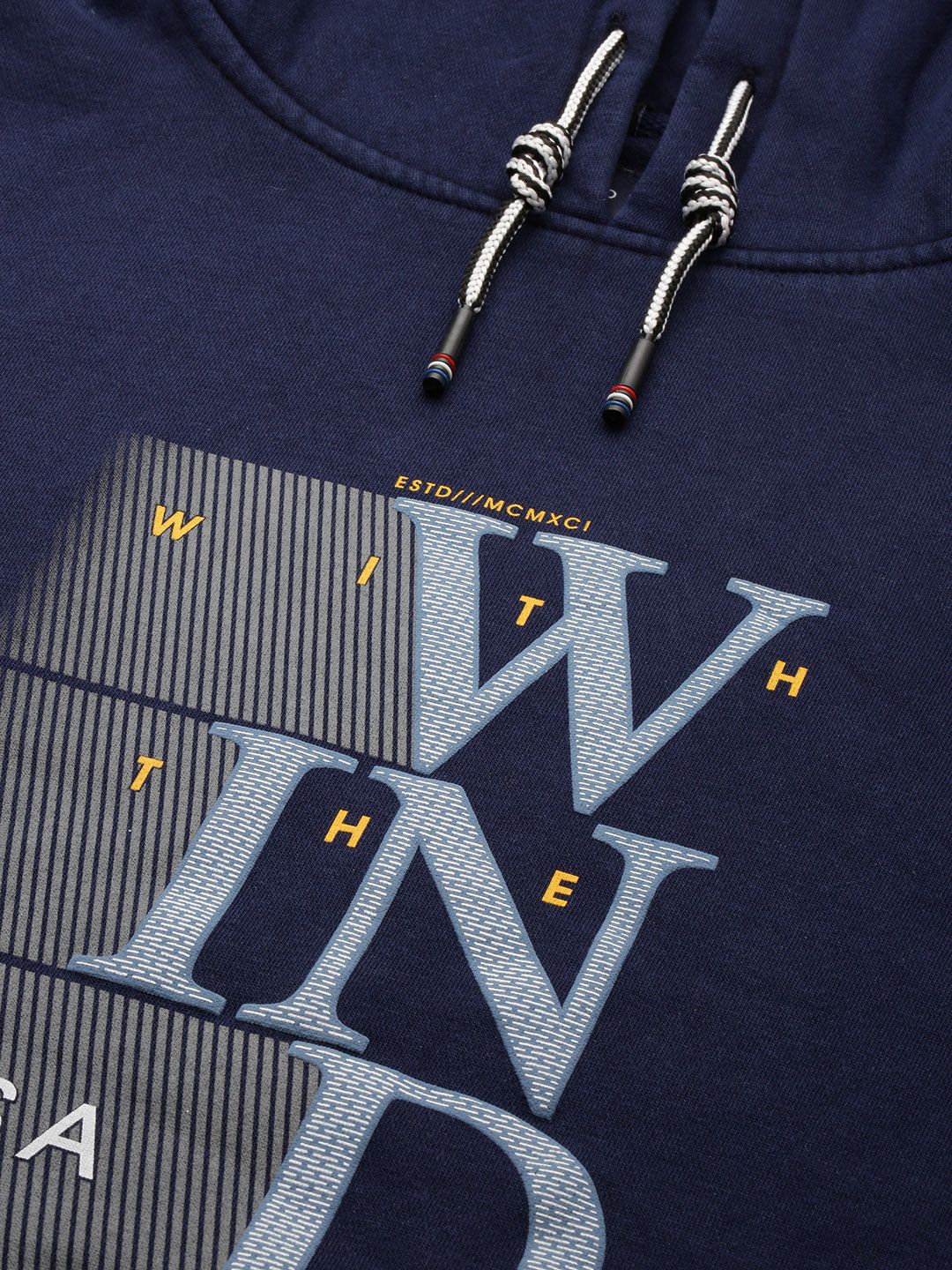  SHOWOFF Men Navy Blue Printed Hooded Cotton Sweatshirt