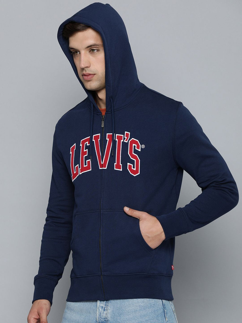  Levis Men Navy Blue Brand Logo Print Pure Cotton Hooded Sweatshirt