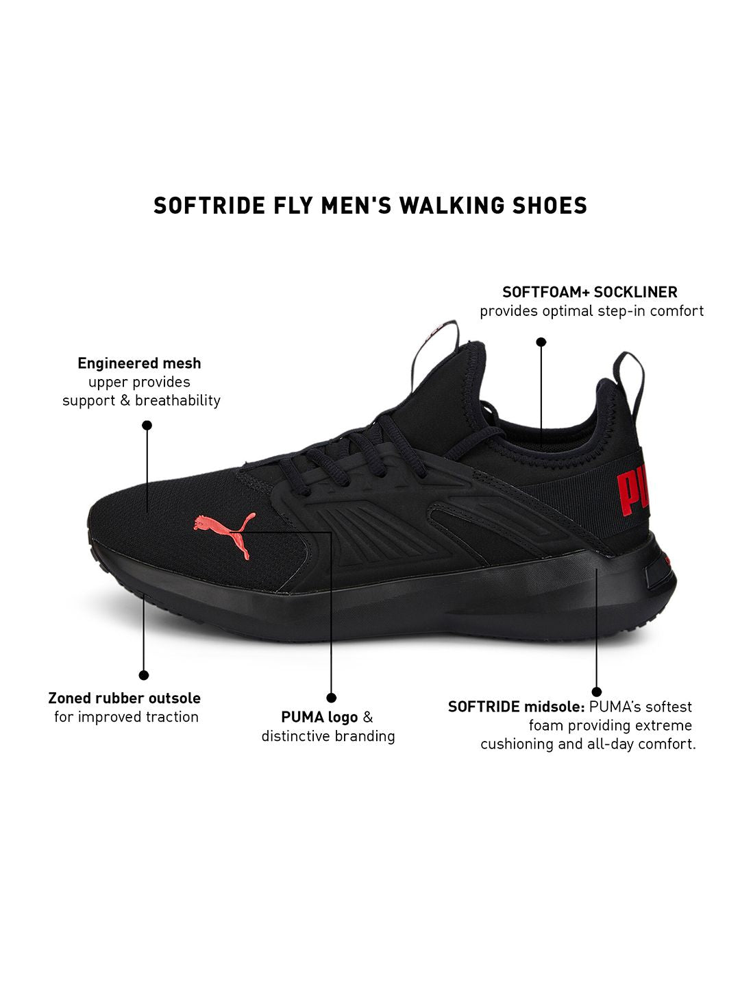  Puma Men Black Softride Fly Walking Shoes