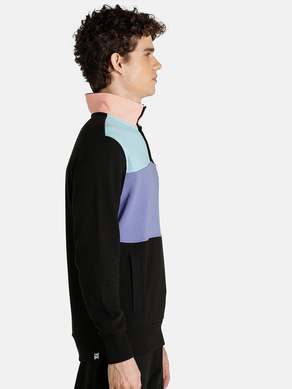  Puma Men Black Downtown Mock Neck Colourblocked Pure Cotton Sweatshirt
