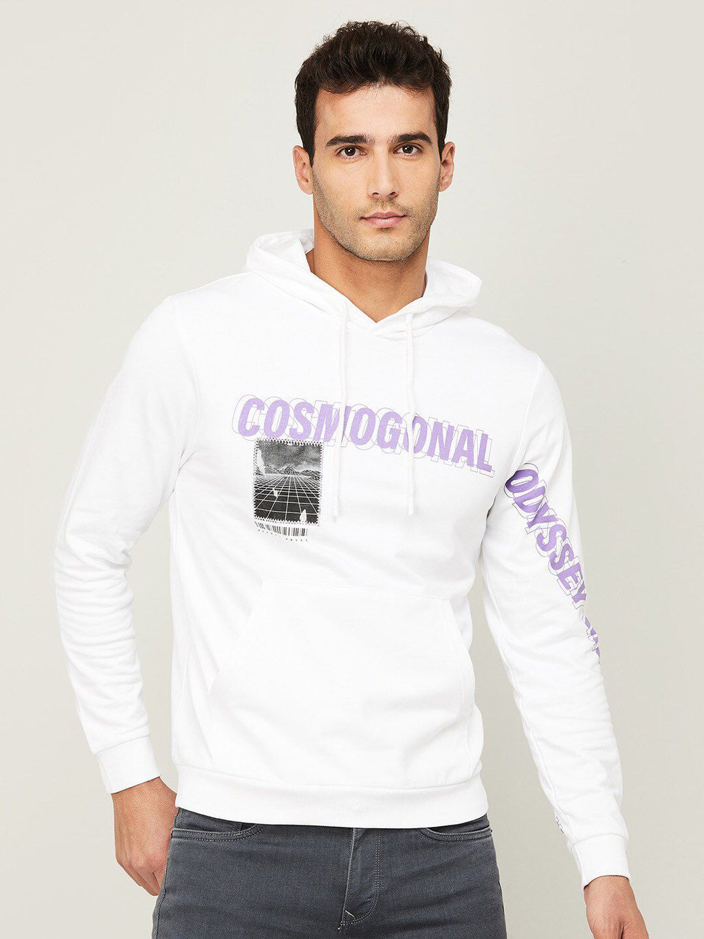  Bossini Men White Printed Hooded Cotton Sweatshirt