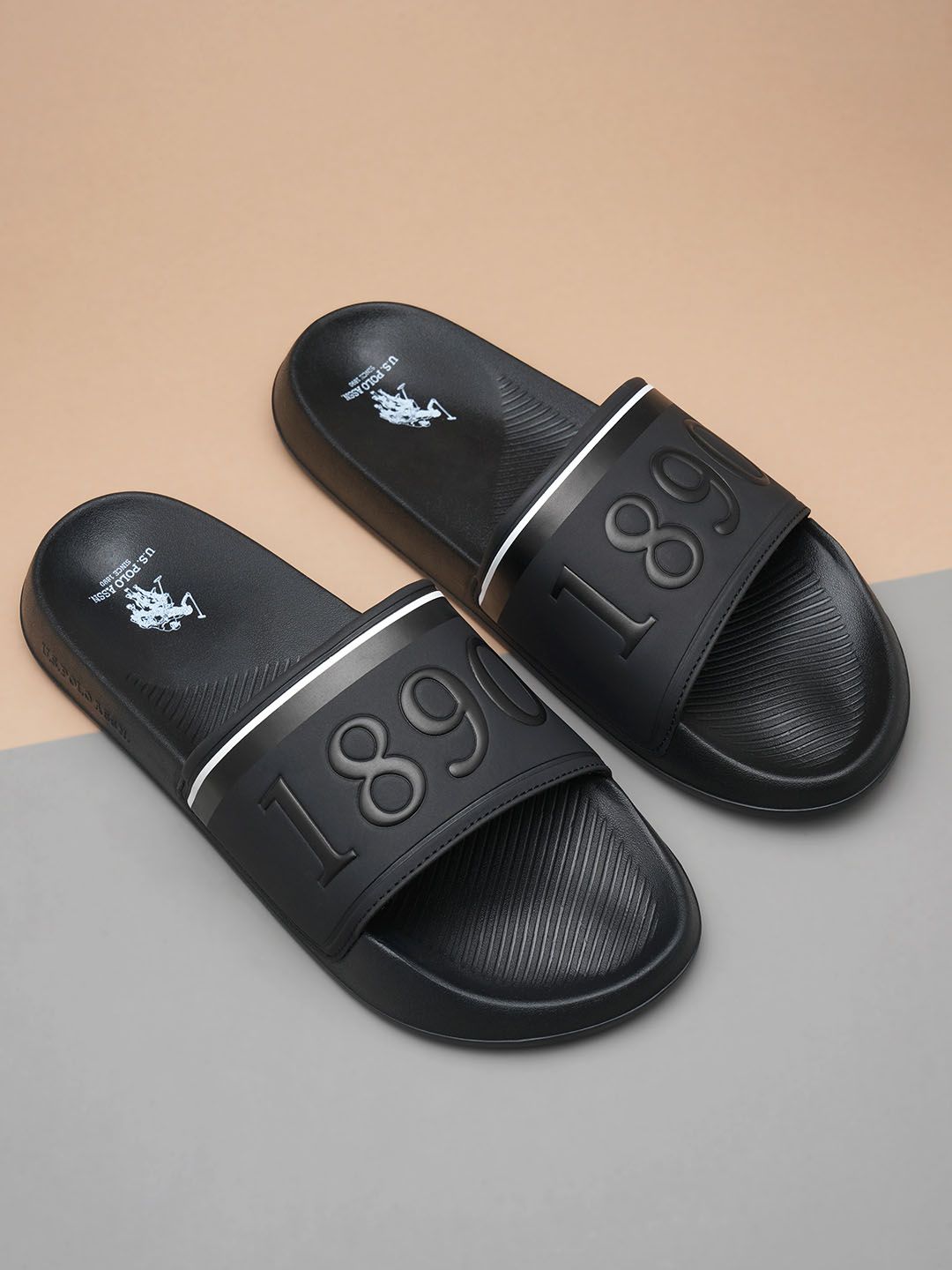  U.S. Polo Assn. Men Black Self Design Sliders