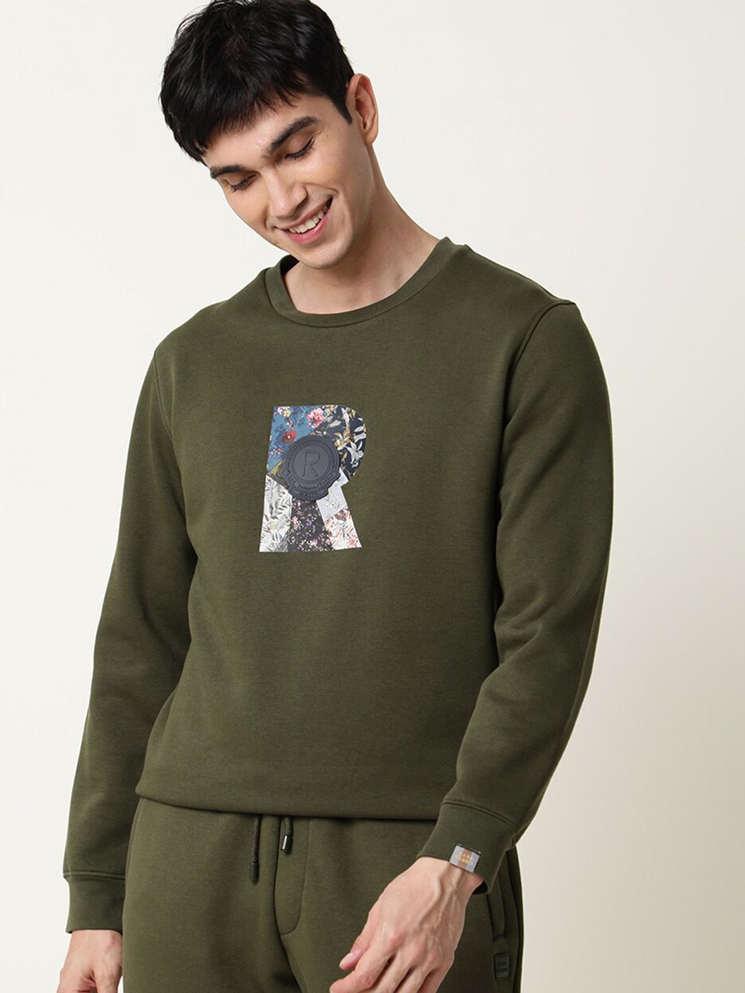  RARE RABBIT Men Olive Green Printed Full Sleeve Sweatshirt