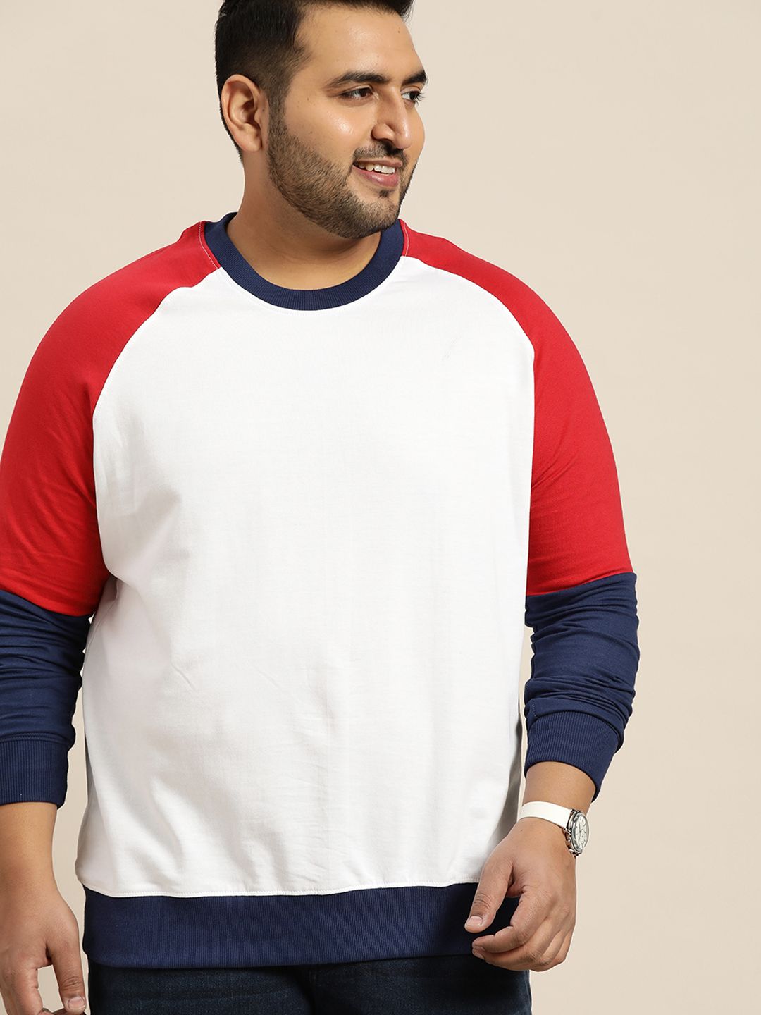  Sztori Plus Size Men White & Red Pure Cotton Solid Sweatshirt