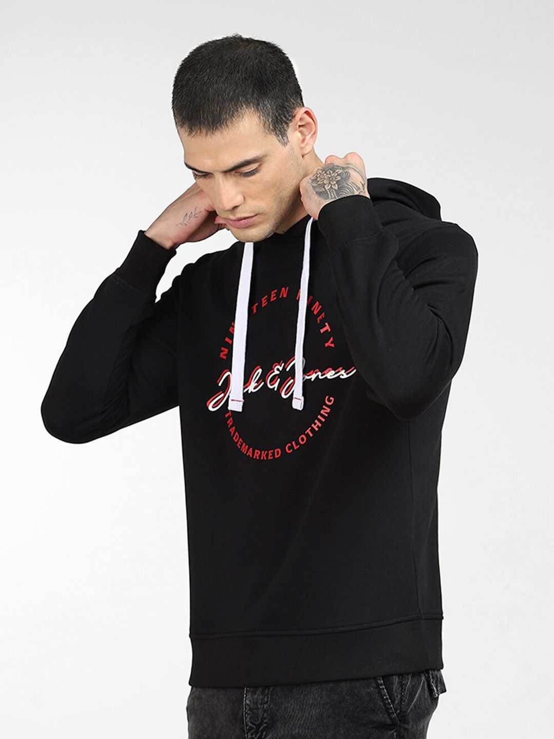  Jack & Jones Men Black Printed Hooded Sweatshirt