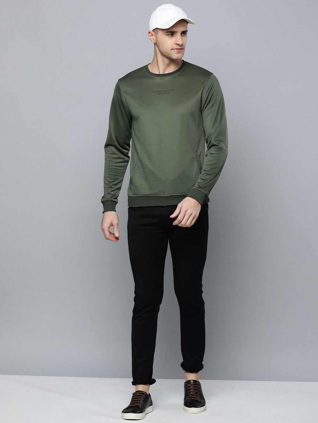  Flying Machine Men Green Solid Sweatshirt With Minimal Print Detail