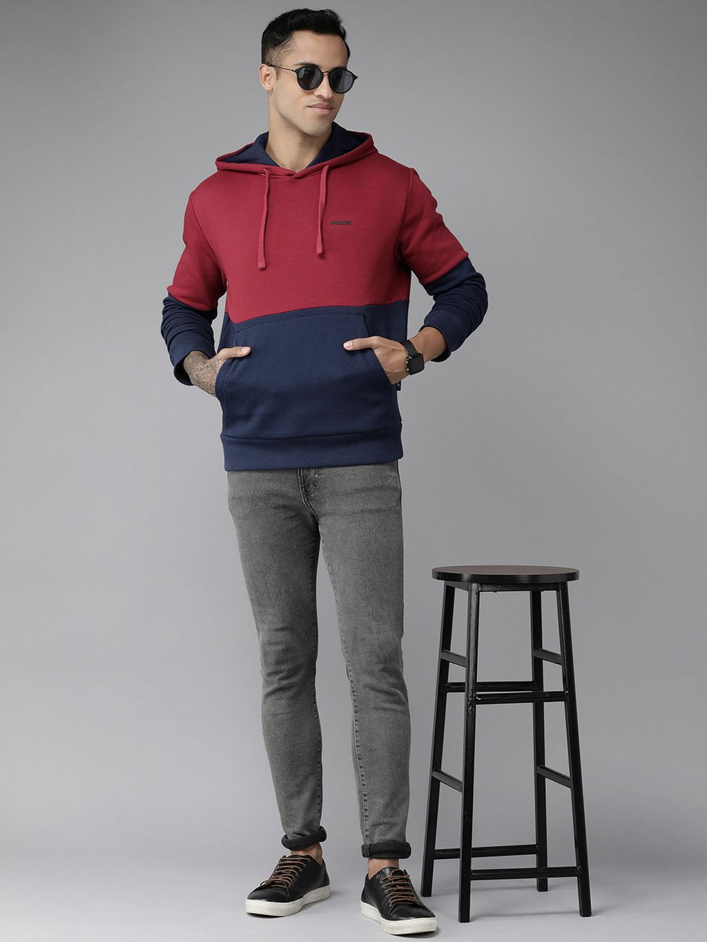  French Connection Men Red Colourblocked Hooded Sweatshirt
