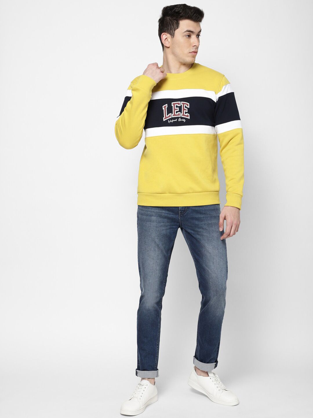  Lee Men Mustard Colourblocked Detachable Hood Cotton Sweatshirt