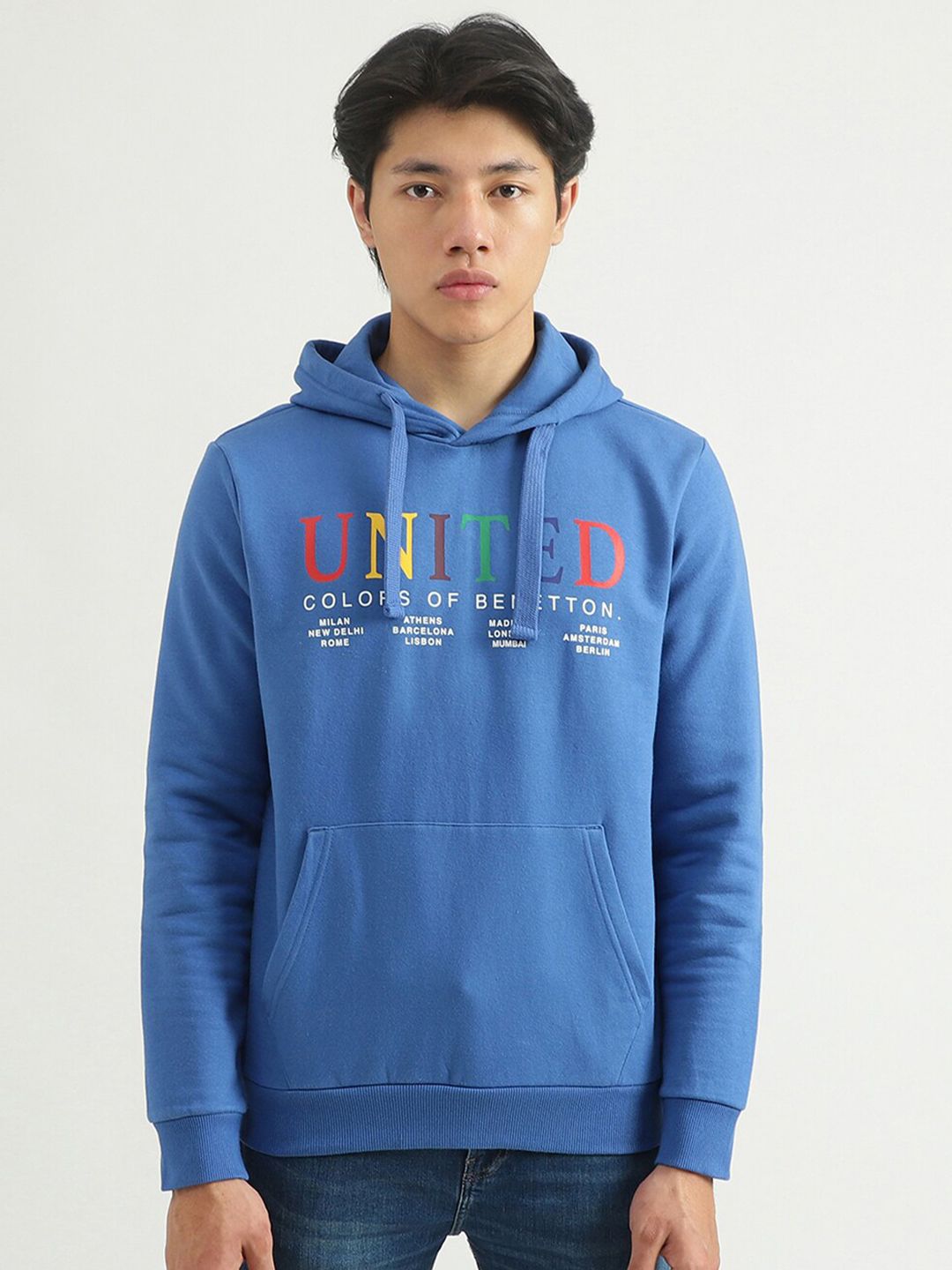  United Colors Of Benetton Men Blue Printed Hooded Sweatshirt