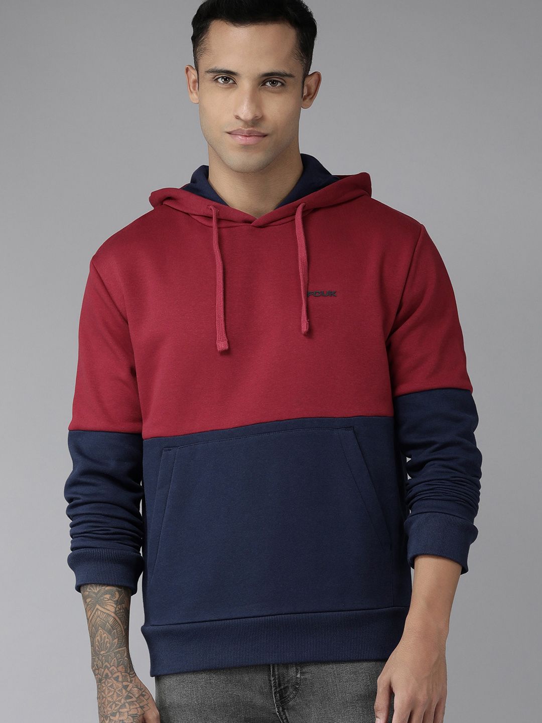  French Connection Men Red Colourblocked Hooded Sweatshirt