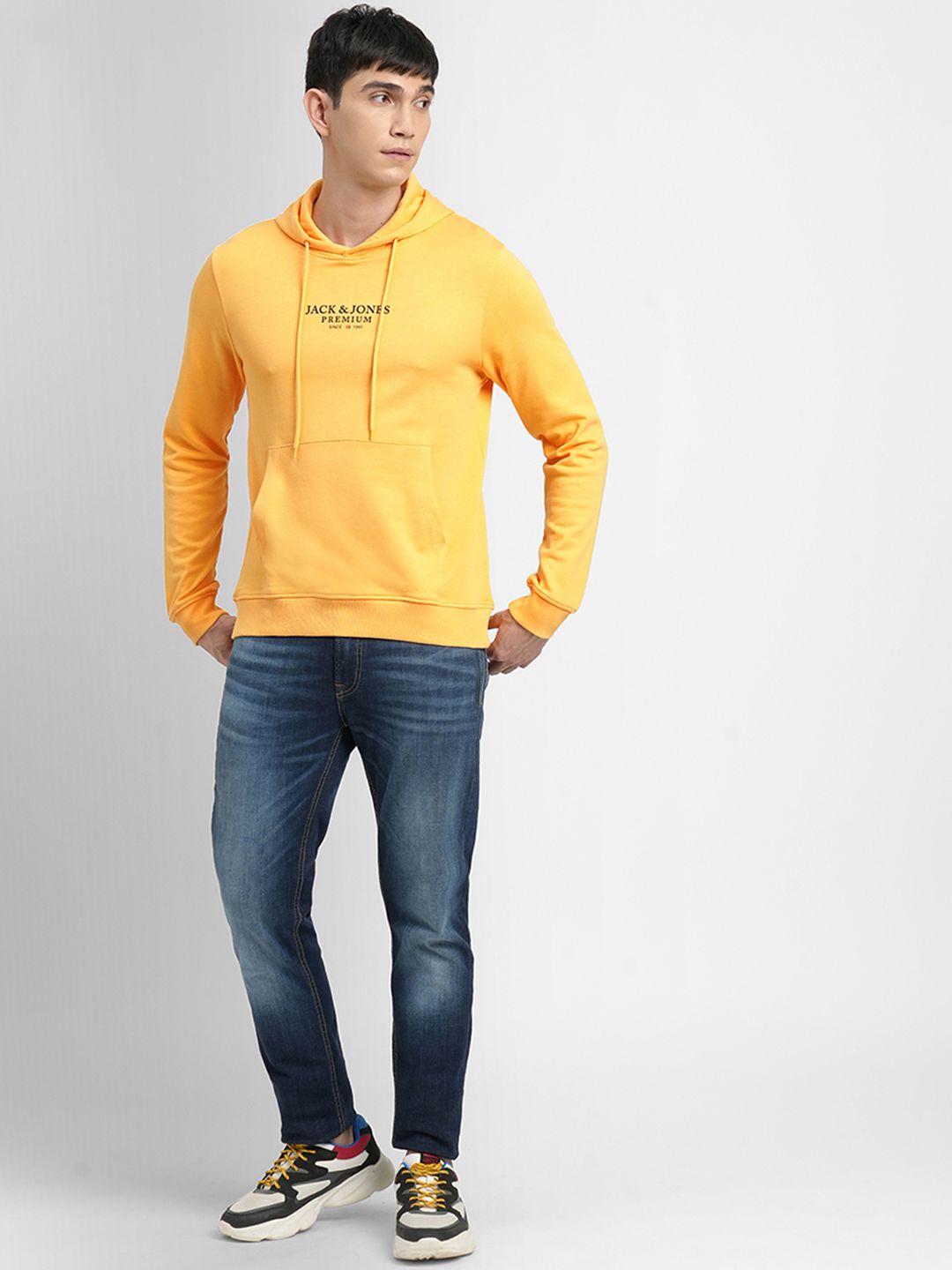  Jack & Jones Men Yellow Brand Logo Printed Hooded Sweatshirt