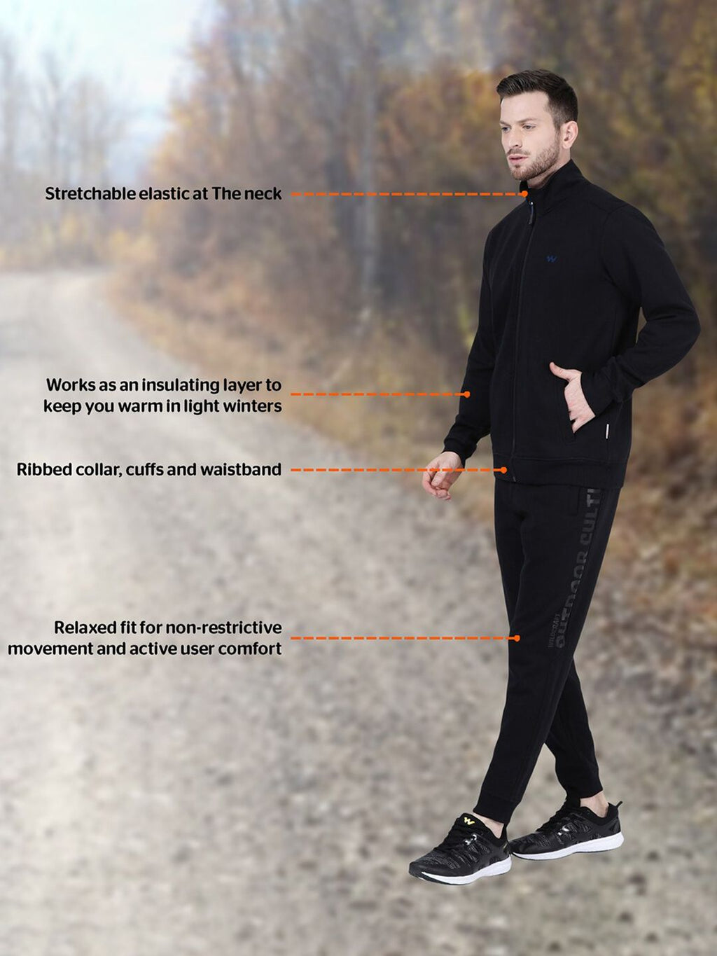  Wildcraft Men Black Ribbed Collar Relaxed-Fit Tracksuit