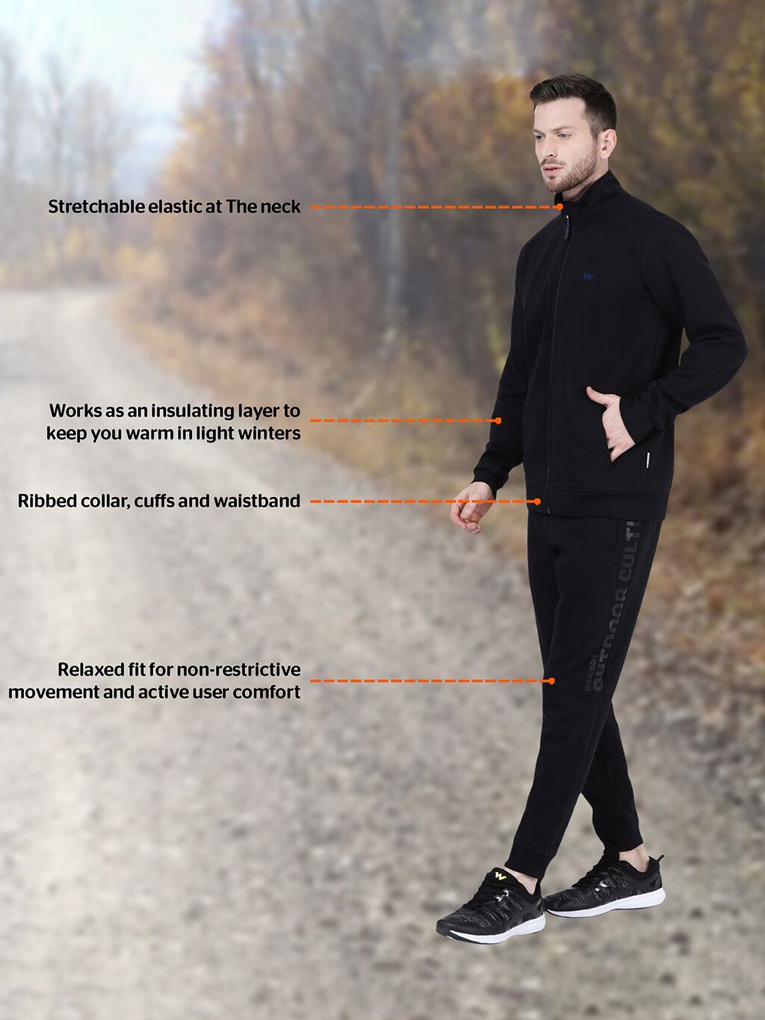  Wildcraft Men Black Ribbed Collar Relaxed-Fit Tracksuit