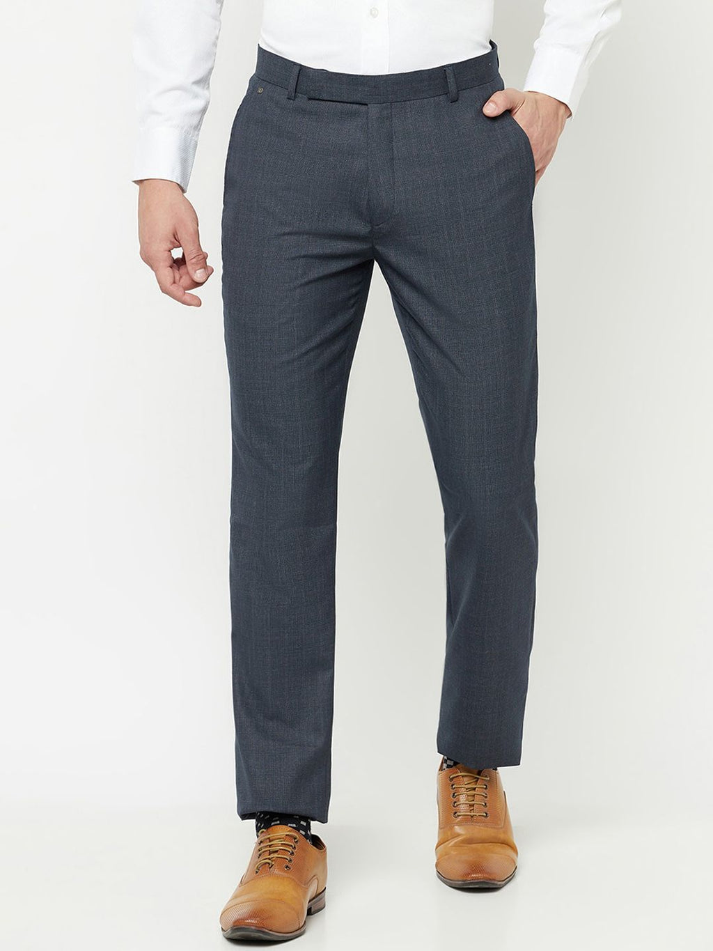  Cantabil Men Navy Blue Checked Formal Trousers