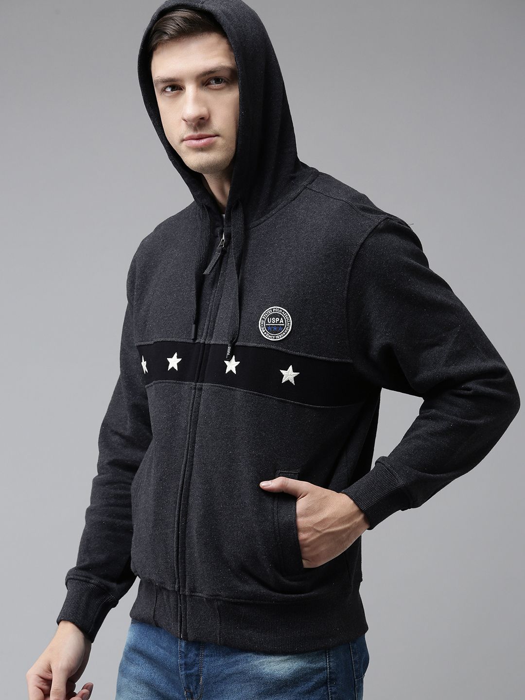 U.S. Polo Assn. U S Polo Assn Men Charcoal Brand Logo Printed Pure Cotton Hooded Sweatshirt