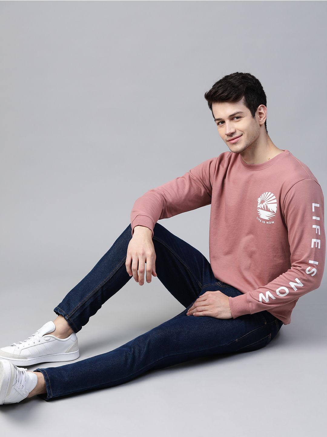  Mast & Harbour Men Peach-Coloured Handcrafted Sweatshirt