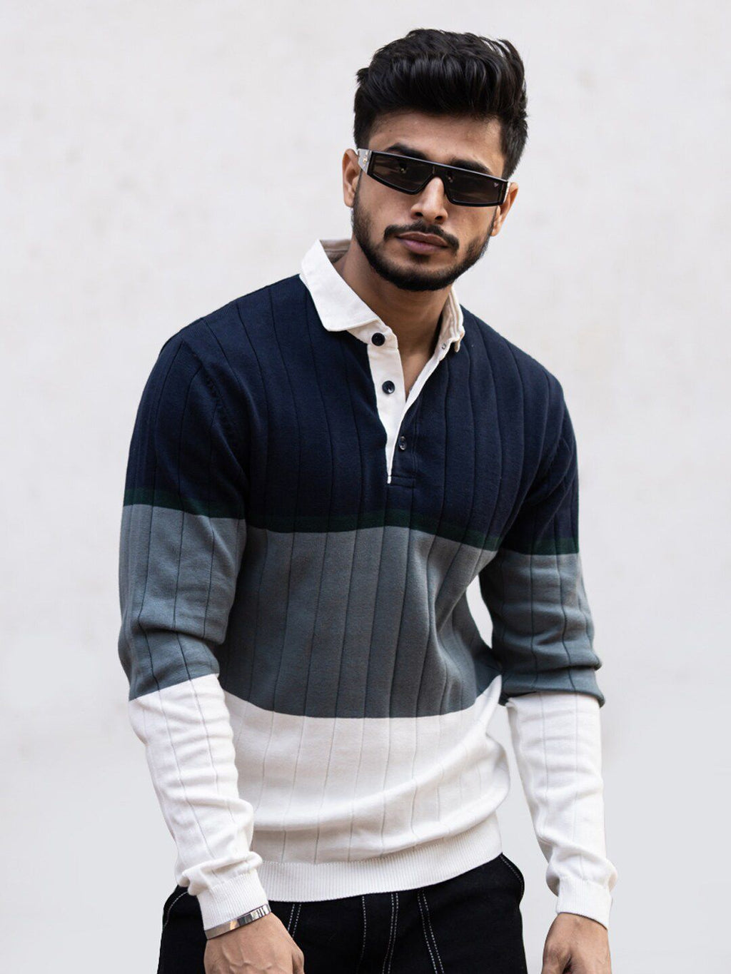  Powerlook Colourblocked Shirt Collar Ribbed Sweatshirt