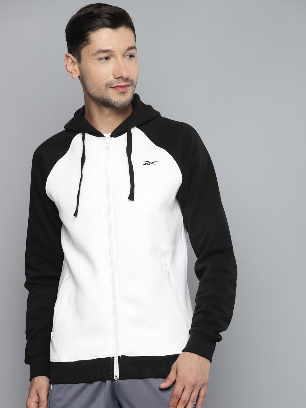  Reebok Men White & Black Solid Performance Hooded Sweatshirt