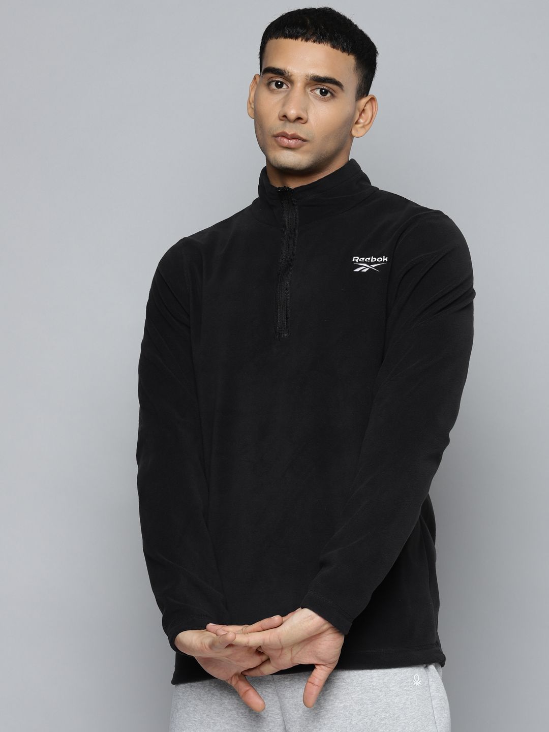  Reebok Men Black Solid Outerwear Quarter-Zip Sweatshirt