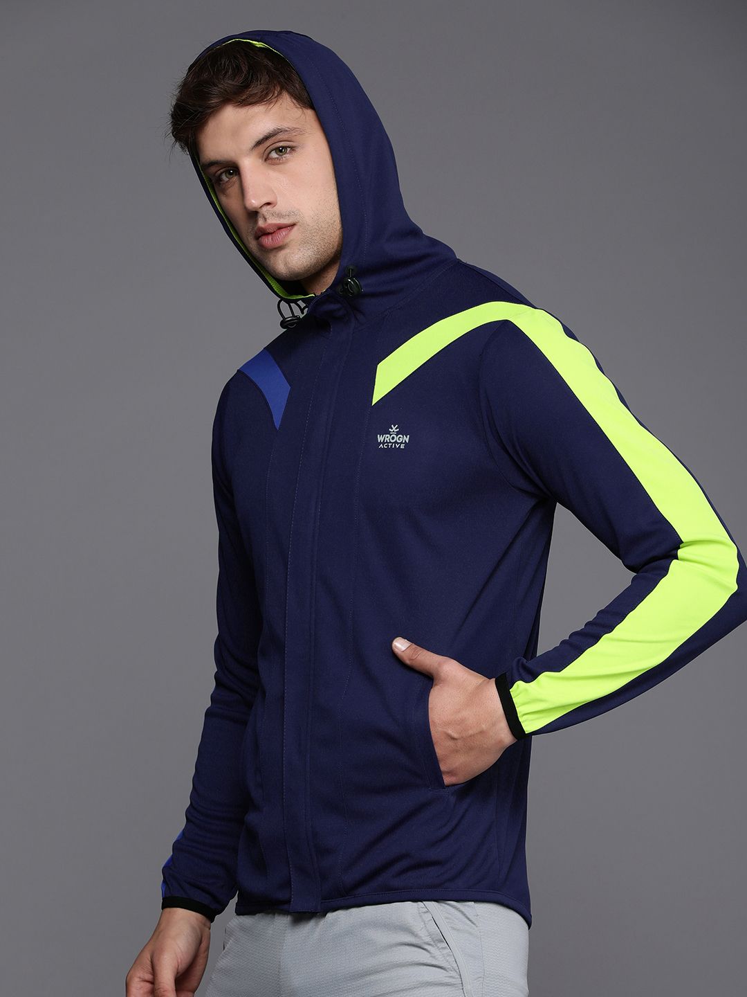 WROGN ACTIVE Men Navy Blue Brand Logo Printed Hooded Sweatshirt