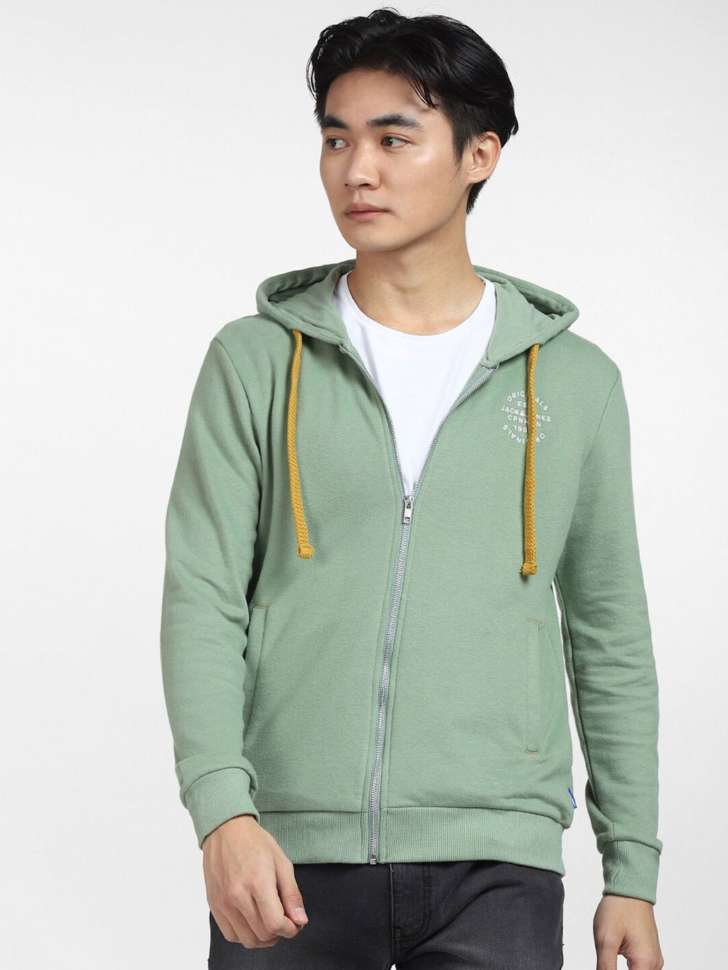  Jack & Jones Men Green Hooded Front Open Sweatshirt