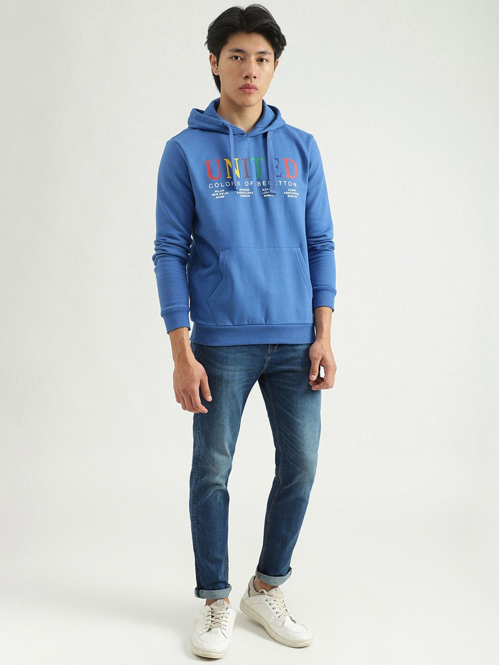  United Colors Of Benetton Men Blue Printed Hooded Sweatshirt