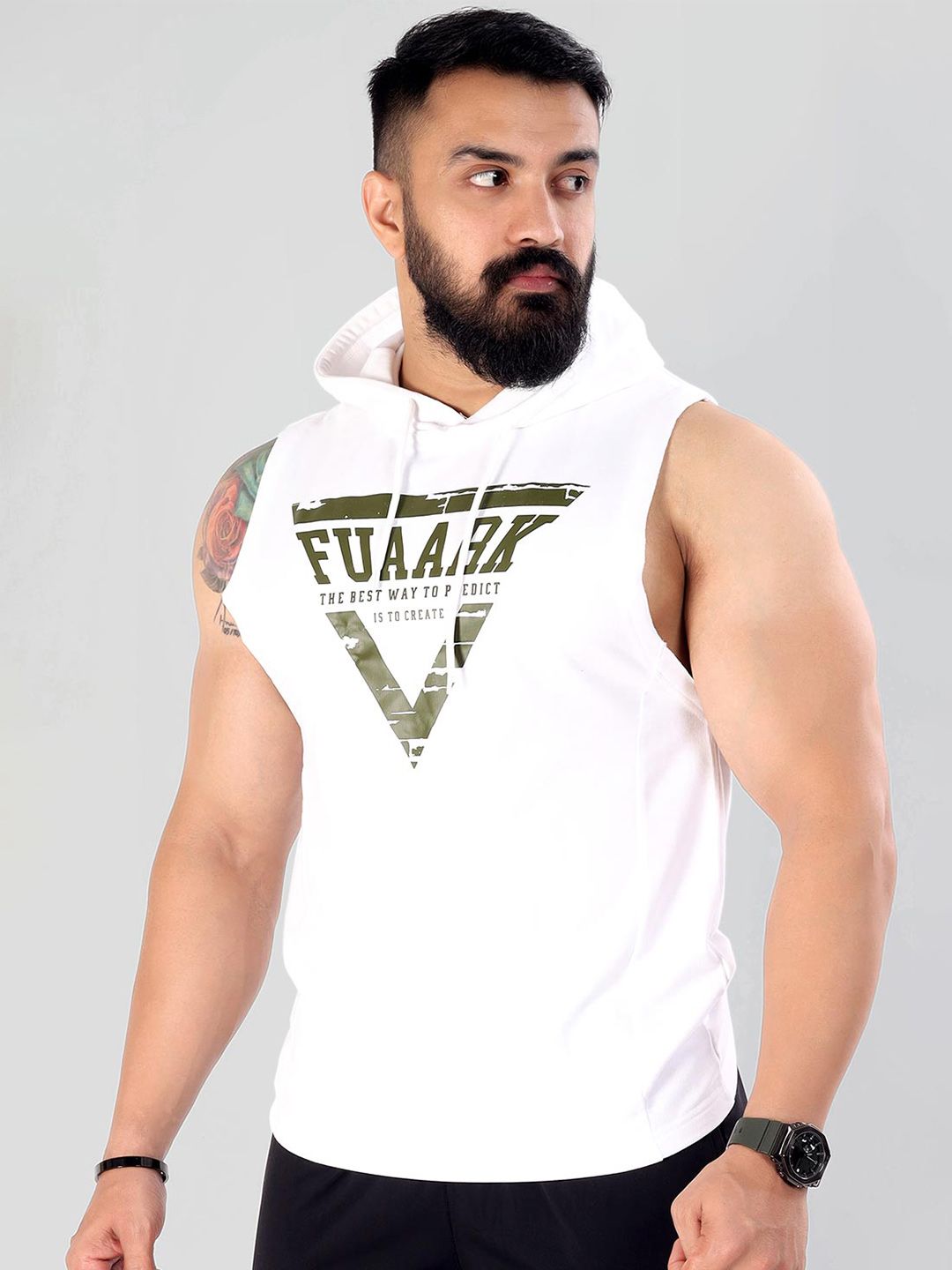  FUAARK Typography Printed Sleeveless Hooded Cotton Sweatshirt