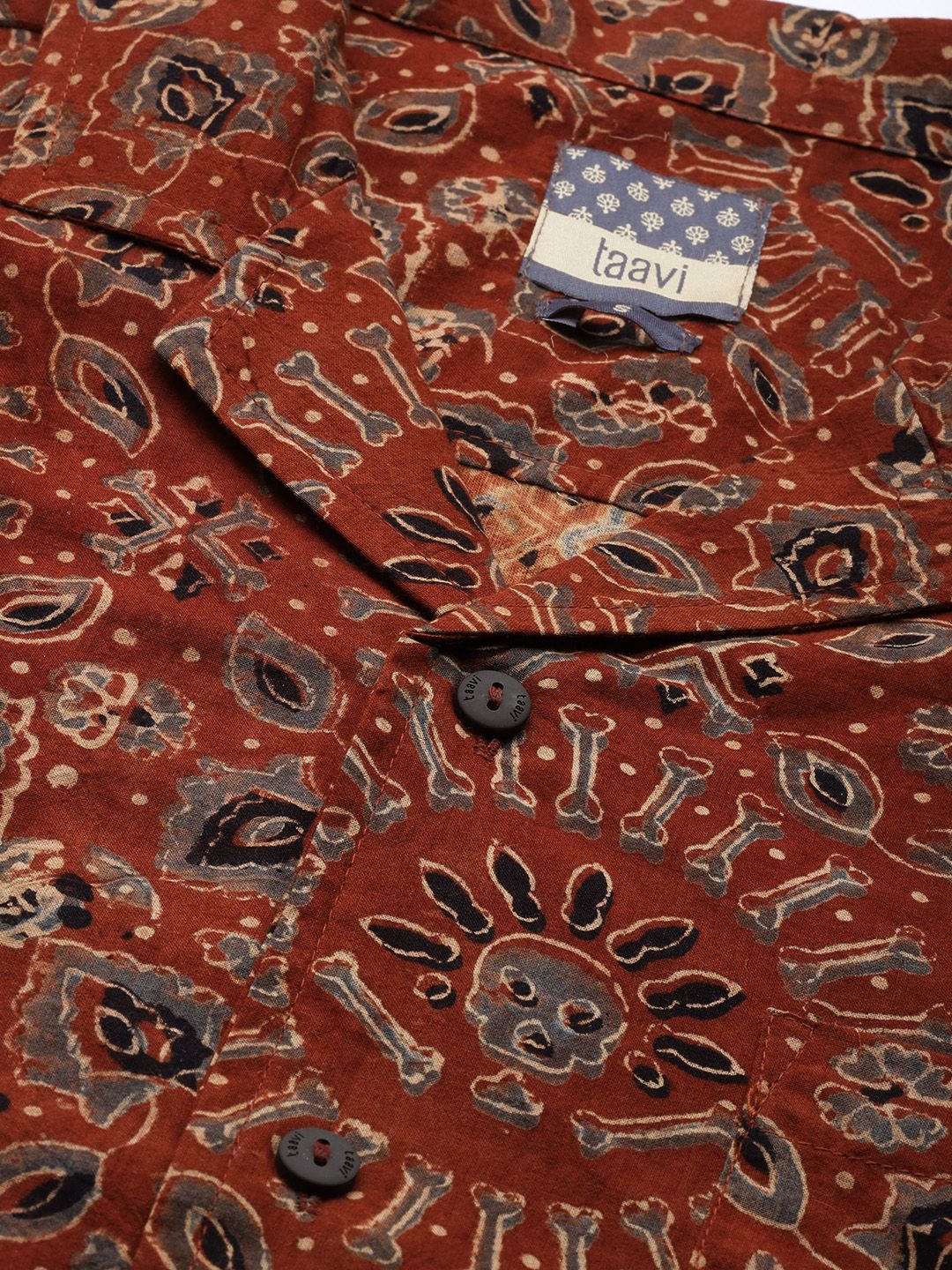  Taavi Men Maroon Ajrakh Hand Block Printed Cuban Collar Casual Shirt