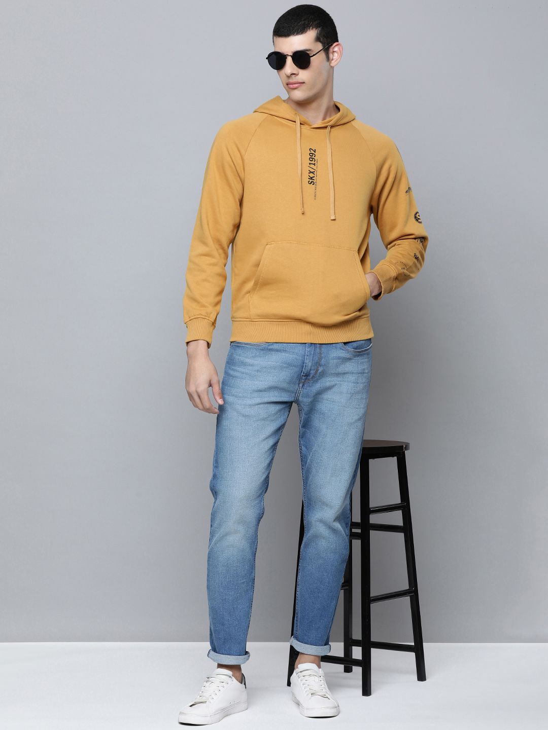  Skechers Men Mustard Yellow Typography Print SKX Varocity Hooded Pullover Sweatshirt