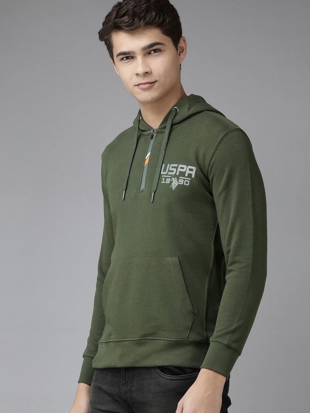  U S Polo Assn Denim Co Men Green Full Sleeve Front Half Open Hooded Sweatshirt