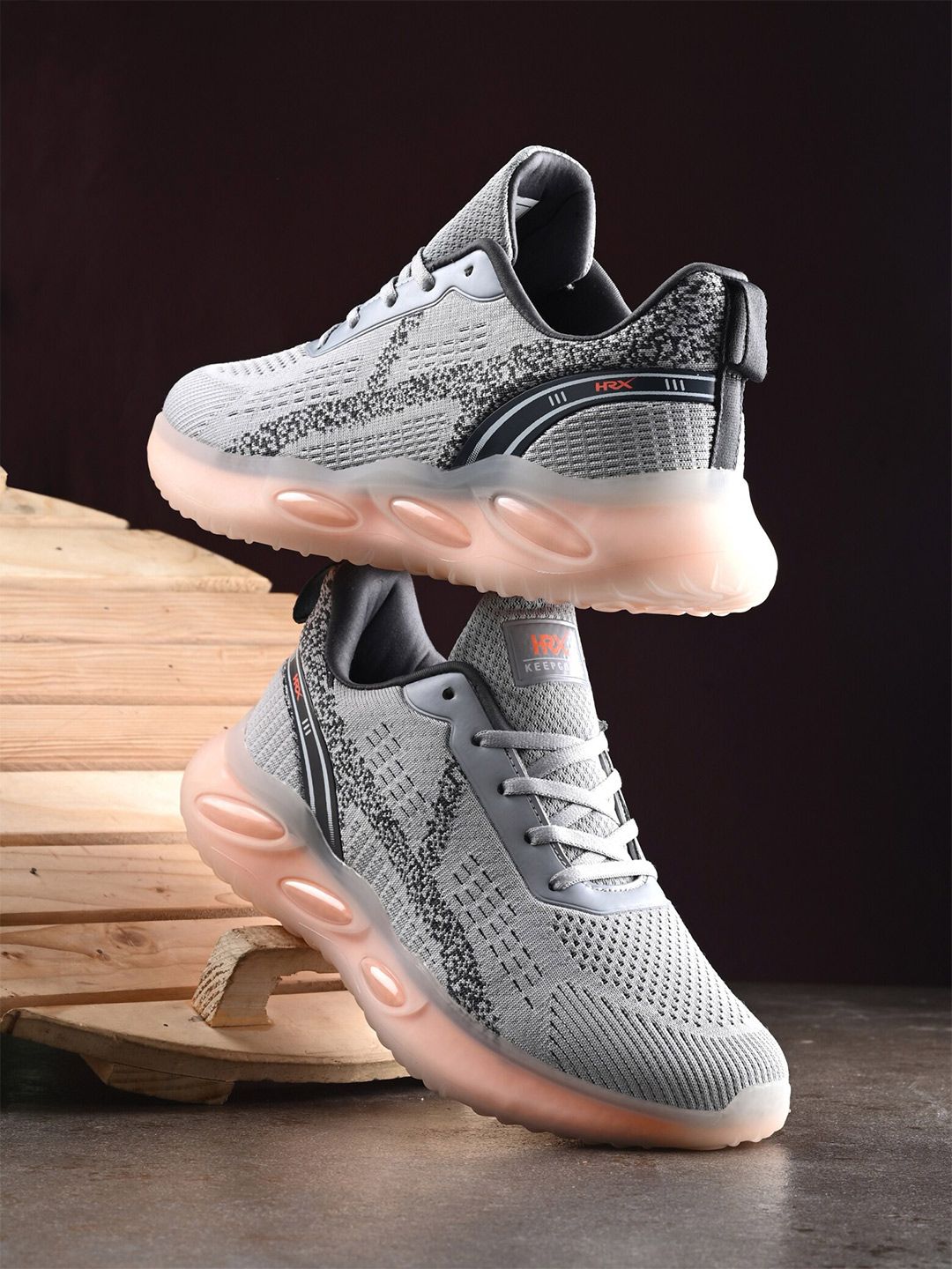  HRX By Hrithik Roshan Men Grey & Peach Coloured Mesh Walking Shoes