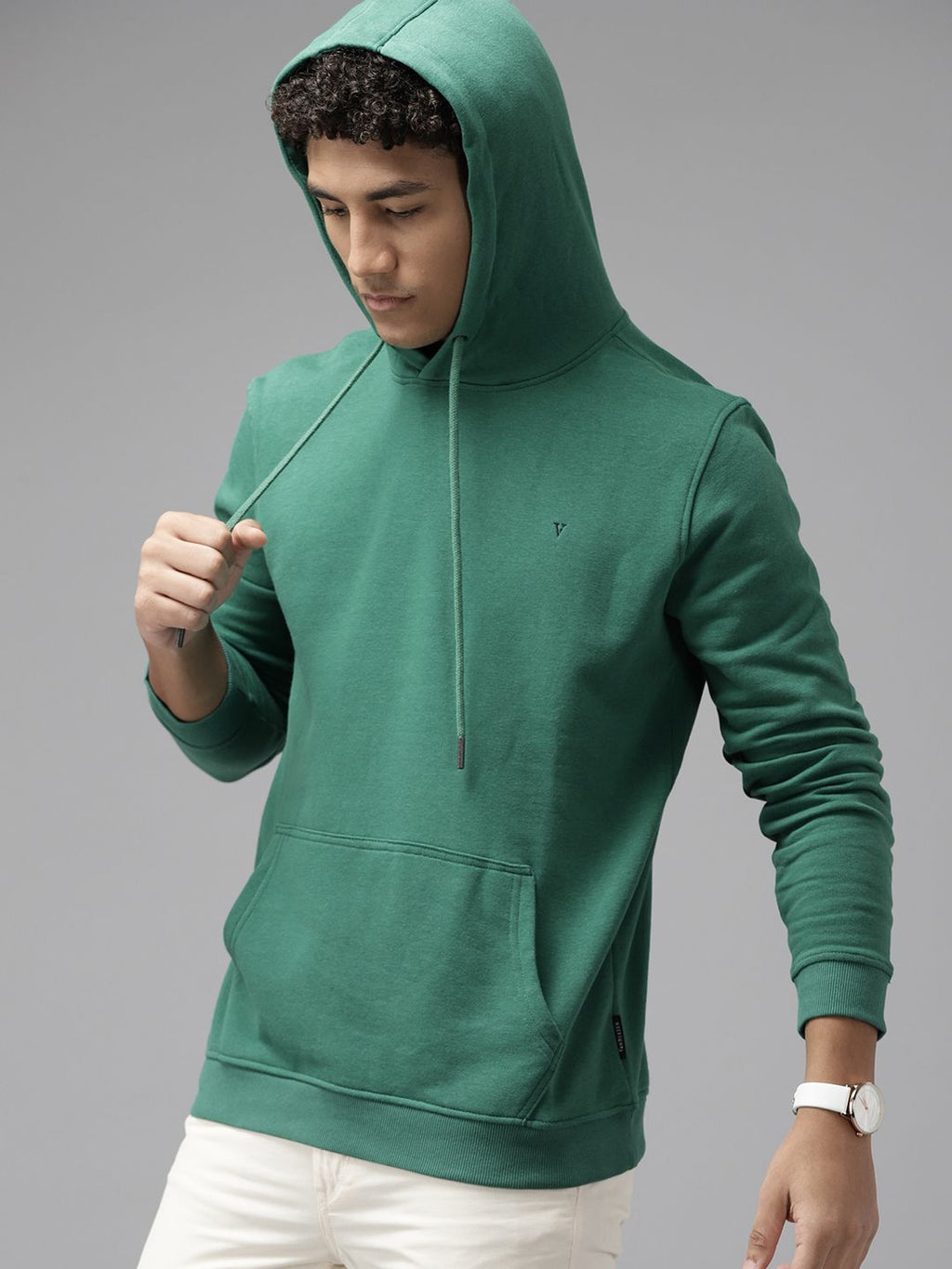  Van Heusen Men Green Solid Hooded Sweatshirt