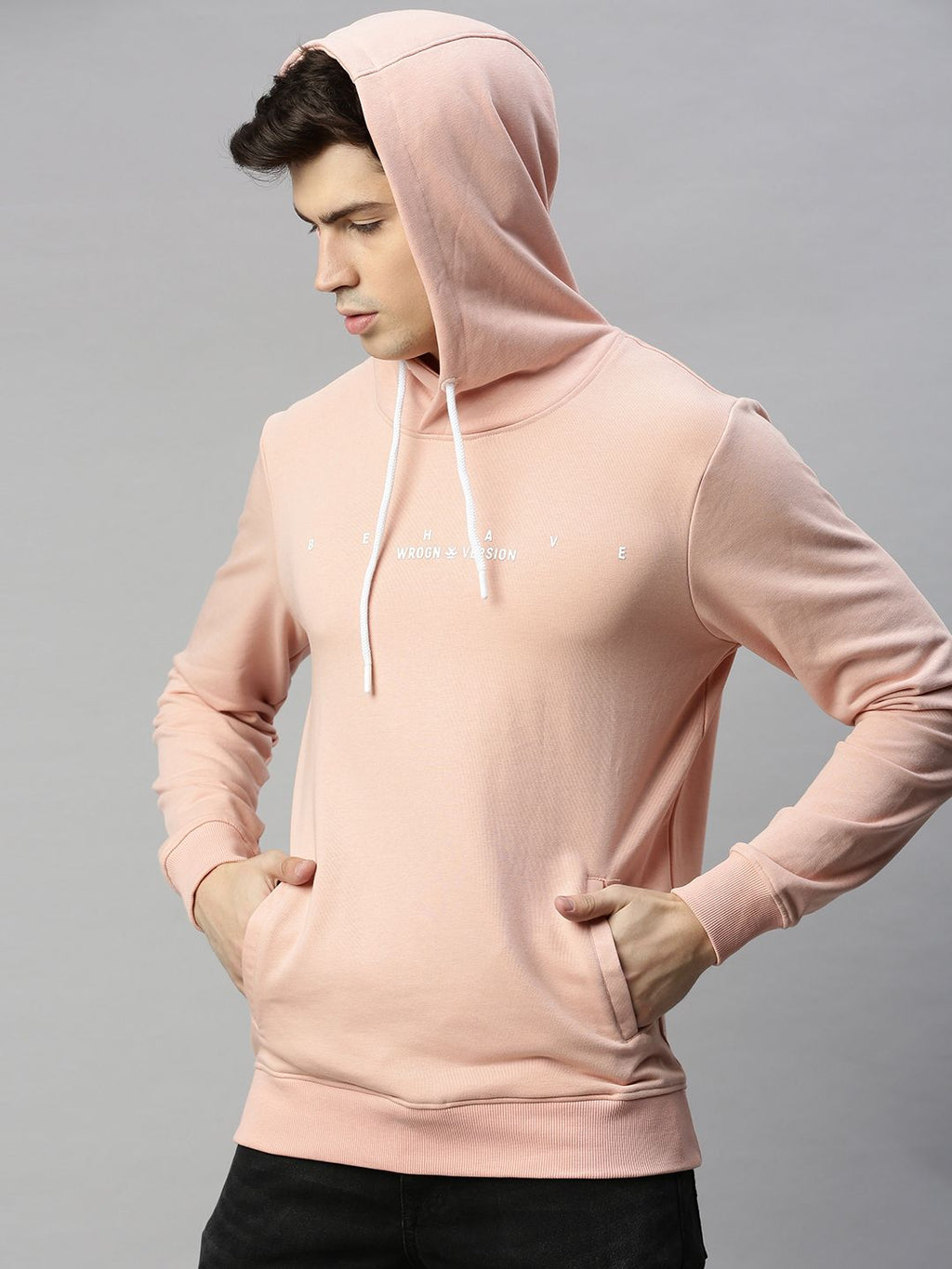  WROGN Men Pink Solid Slim Fit Hooded Sweatshirt