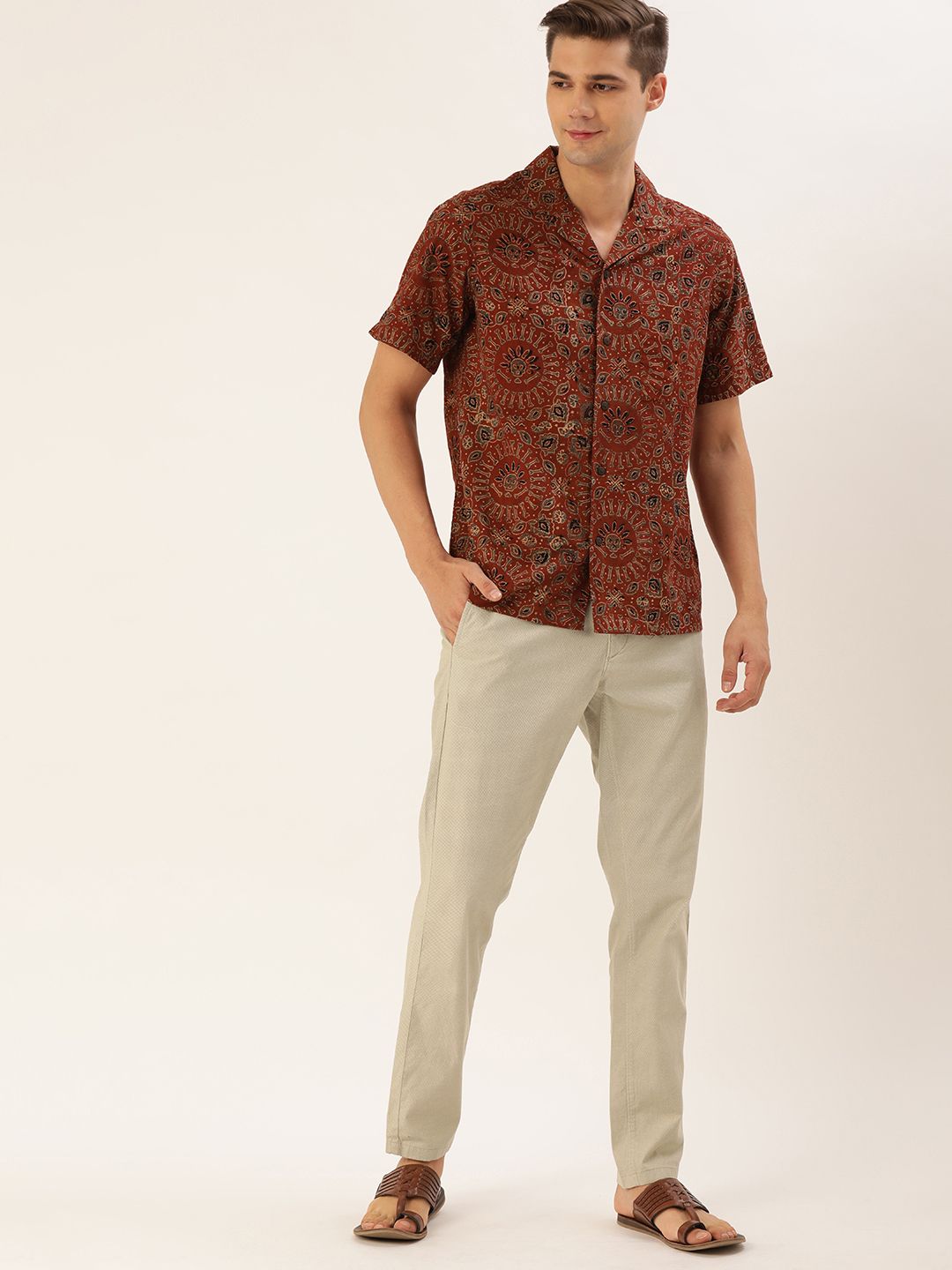  Taavi Men Maroon Ajrakh Hand Block Printed Cuban Collar Casual Shirt