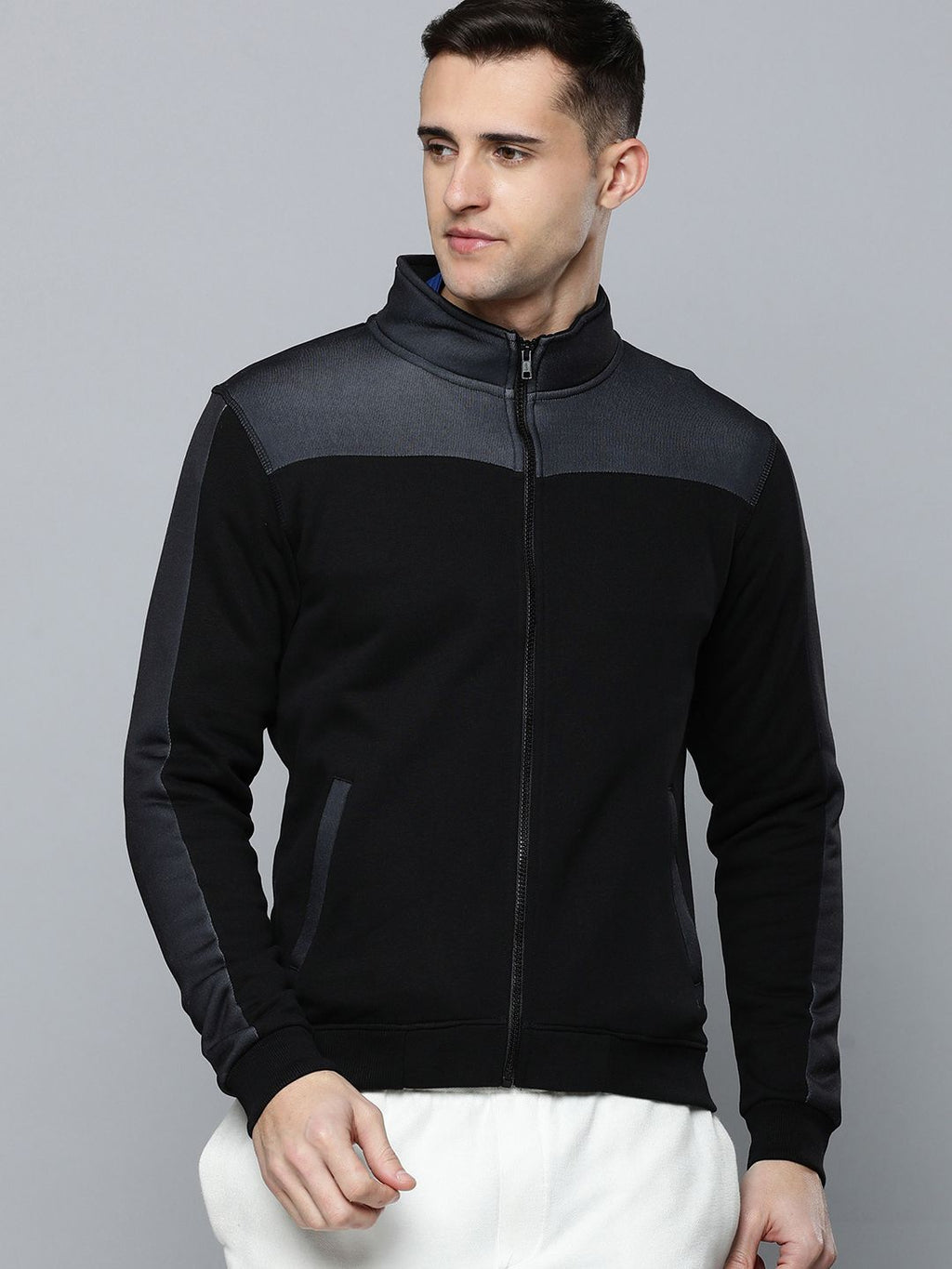  Flying Machine Men Black Colourblocked Front-Open Sweatshirt