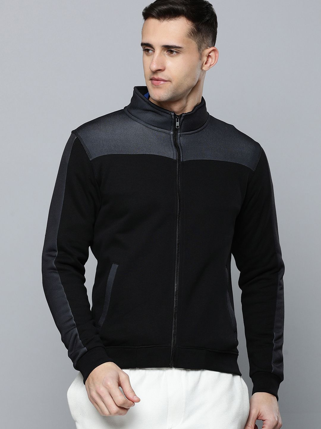  Flying Machine Men Black Colourblocked Front-Open Sweatshirt