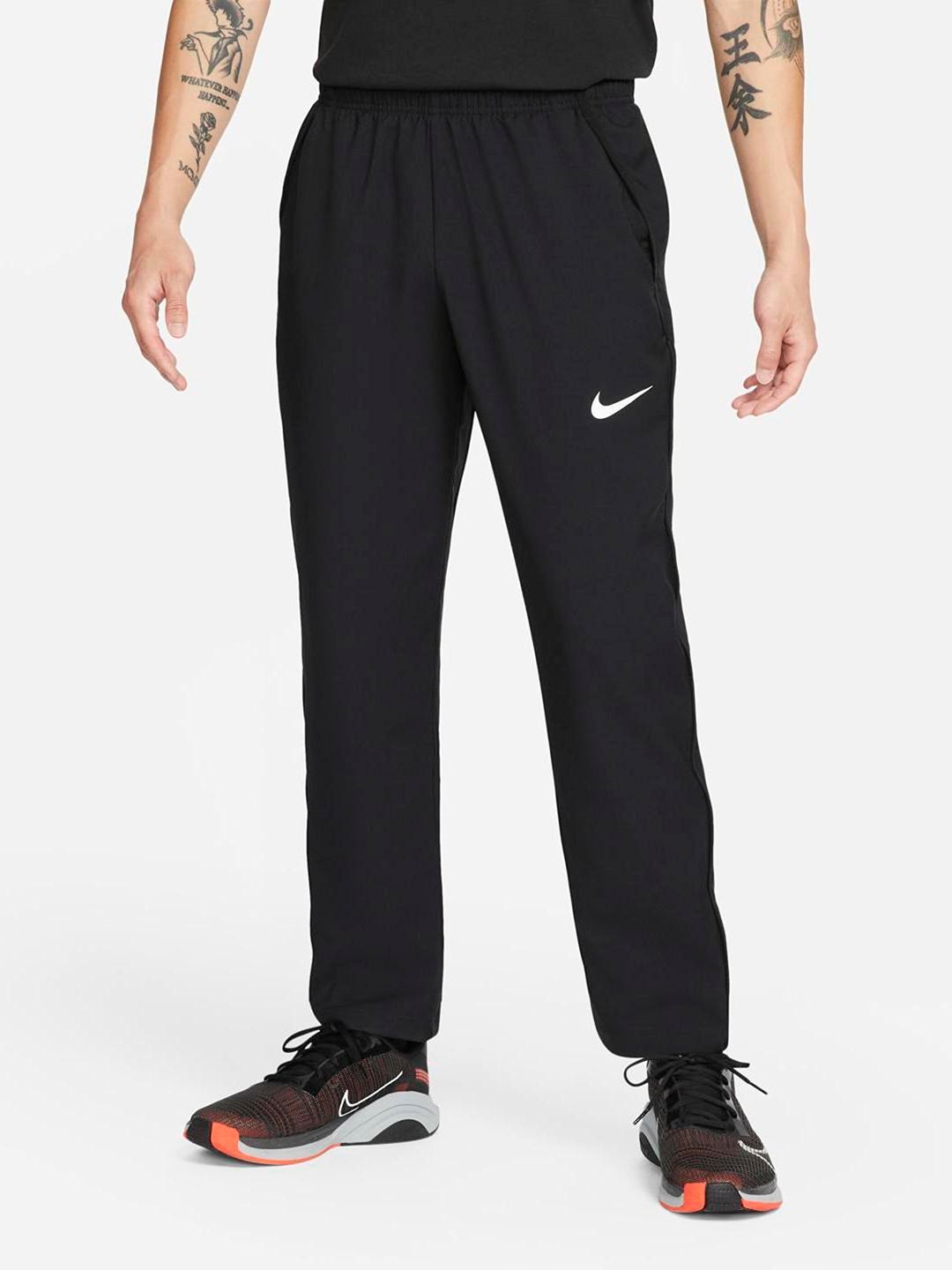  Nike Men Black Brand Logo Print Mid Rise Dry Fit Casual Track Pants
