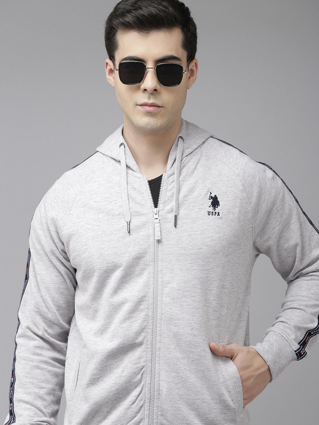 U.S. Polo Assn. U S Polo Assn Men Grey Long Sleeves Hooded Sweatshirt